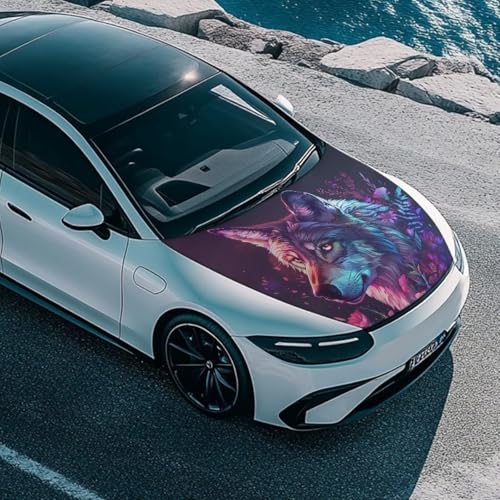 Image of Wolf Head Print Car Hood Cover Elastic Polyester Cover for Car Hood Washable Automotive Accessories Easy Installation for Car Hood Protection and Decoration