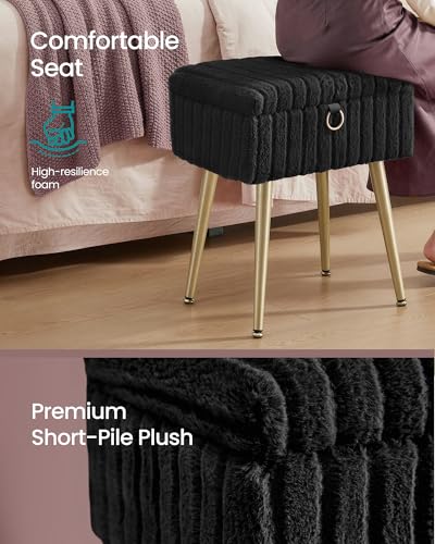 Image of SONGMICS Vanity Stool Chair Faux Fur with Storage, Vanity Bench, Metal Legs, Adjustable Feet, for Living Room, Bedroom, Makeup Room, Ink Black ULOM505BZ02