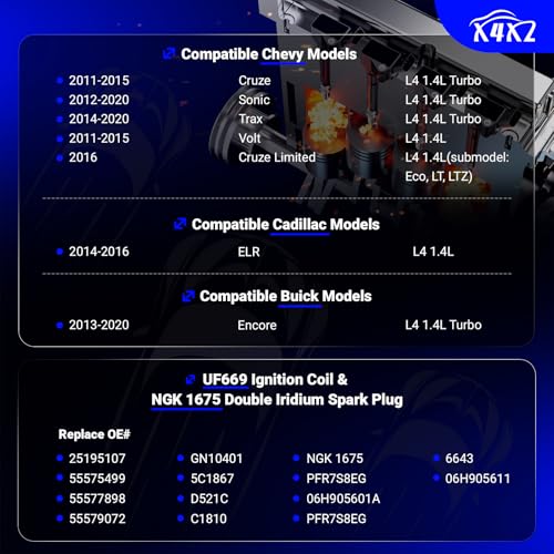 Image of UF669 Ignition Coil & 1675 Double Iridium Spark Plug OE# D521C & PFR7S8EG | Compatible with Chevy Cruze Trax Sonic Volt Buick Encore Cadillac ELR 2011 2012 2013 2014 2015 2016 2017 2018 2019 2020