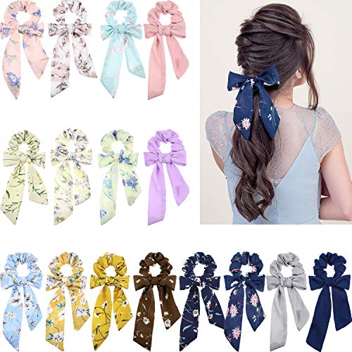 16 Pieces Bowknot Hair Scrunchies Elastic Bow Hair Bands Flowers and Solid Colors Hair Ties for Women Girls Hair Accessories