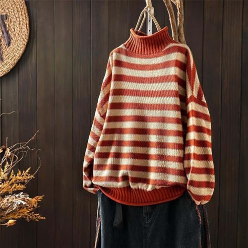 Women's Retro Striped Contrast Half Turtleneck Sweater Orange and White Knitted Loose Causal Bottoming Sweaters3
