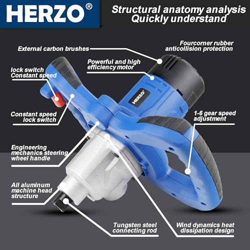 HERZO Rührwerk 1300W,Metallgetriebe,Rühreraufnahme M14, Rührer ø 120 mm für Mischgut Beton, Mörtel, Putz, Farbe, Kleber und Zement