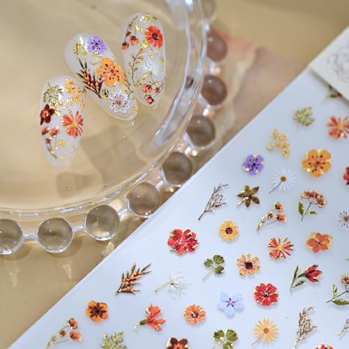 Image of Flower Nail Stickers for Nail Art Floral Leaf Plant Nails Decals with Design 5D Embossed Self Adhesive Nails Charms Supply for Women Manicure DIY Decoration Accessories 1 Sheets