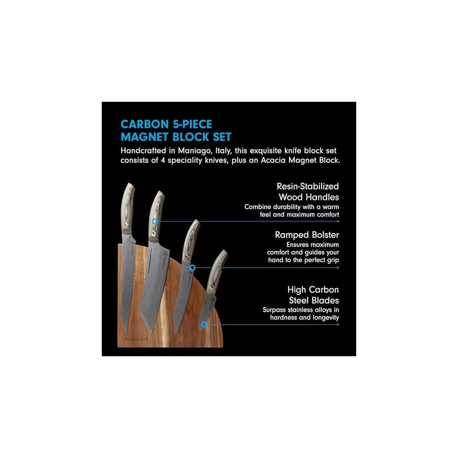 Messermeister-Carbon-5-Piece-Magnet-Knife-Block-Set-Bohler-K110-High-Carbon-Steel-with-a-Ceramic-Stonewash-Finish-Resin-Stabilized-Wood-Handles-Handcrafted-in-Maniago-Italy Messermeister Carbon 5-Piece Magnet Knife Block Set - Bohler K110 High Carbon Steel with a Ceramic Stonewash Finish - Resin-Stabilized Wood Handles - Handcrafted in Maniago, Italy