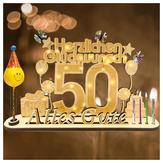 owlfun Regalos de dinero de cumpleaños 50, placa de madera para invitados de cumpleaños, 50 LED, regalos para 50 cumpleaños para mujeres y hombres, cartel de madera, libro de visitas con jarrón y