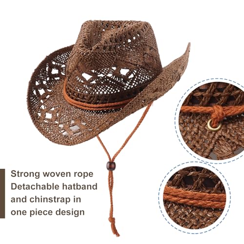 Image of DRESHOW Straw Cowboy Cowgirl Hat for Women Men Western Coastal Cowboy Beach Hat with Shapeable Brim Unisex Rolled up Caps
