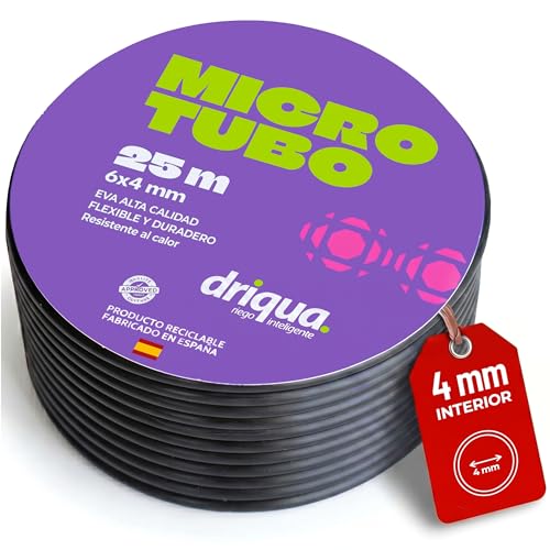 Manguera de Riego por Goteo Microtubo 4 mm 25 Metros EVA Flexible Tubo Riego Goteo Protección UV Resistente Sol y Calor 6x4 para Jardín Huerto Urbano Macetas Balcones y Terrazas Fabricado en España