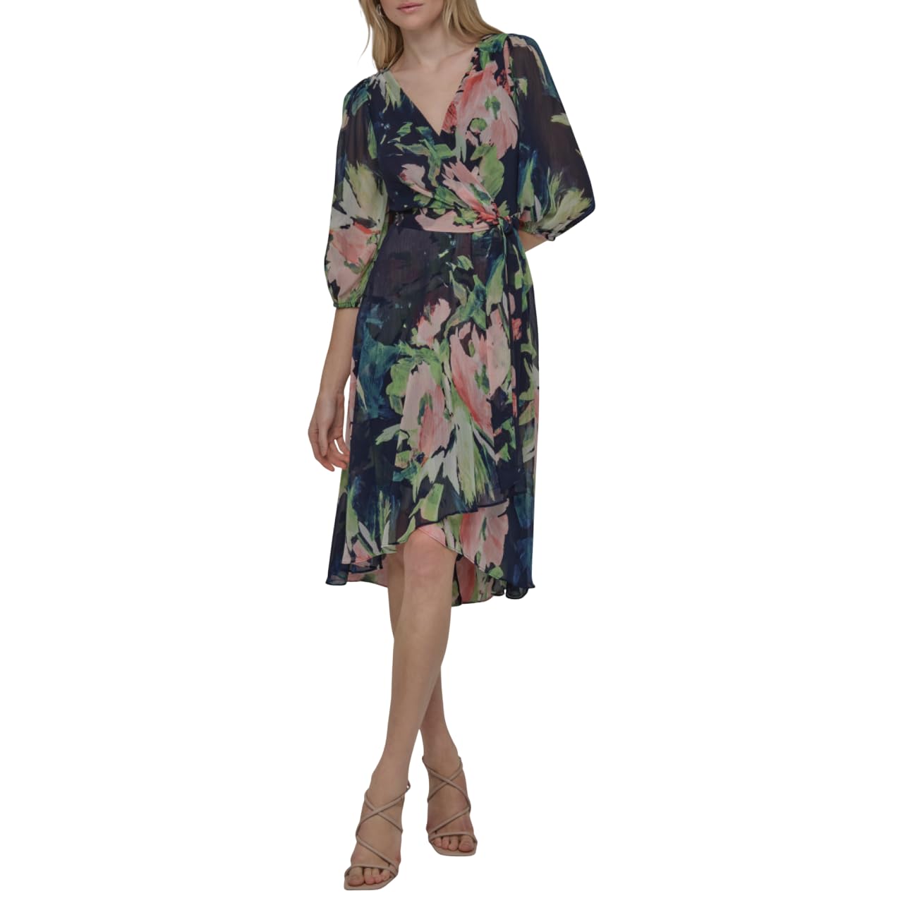 DKNY Chiffon Balloon Sleeve Faux Wrap Midi Dress