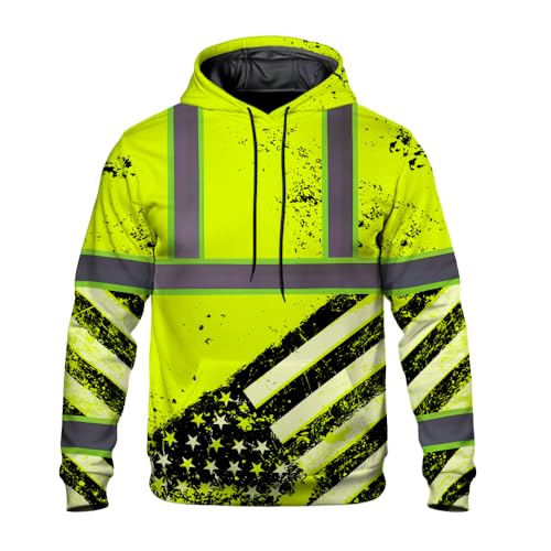 HiVis Custom Reflective Hoodie Lime Color US Flag Paint FBA Hi Vis High Visibility Hoodie For Men Safety Construction Workwear For Workers Truckers Operators Patriotic-S