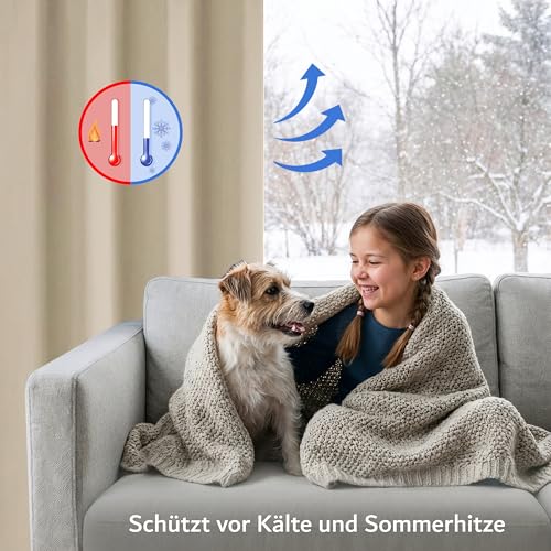 Cozyor Praktisches Set ohne Bohren: 2X Vorhang + 1x Klemmstange Silber 111-200 cm + 2X Raffhalter mit Magnet Blickdicht & verdunkelnd, als Raumteiler, Fenster & Tür Beige Thermovorhang 240x135cm