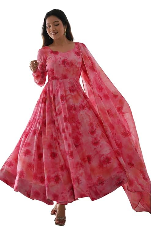 Women's Georgette Floral Printed Anarkali Gown Festive Traditional Wedding with Dupatta Set-image-41