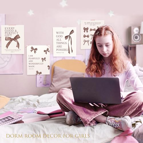 Image of LARTSFRO Coquette Brown Bow Wall Art Decor Posters, Chocolate Brown Bow Room Bedroom Bathroom Dorm Wall Art Decor Aesthetic for College Teen Girls Gifts, Inspirational Bible Verses Bow Wall Decor, 10x8 Inch Set of 4 Pcs Bow Pictures (UNFRAMED)