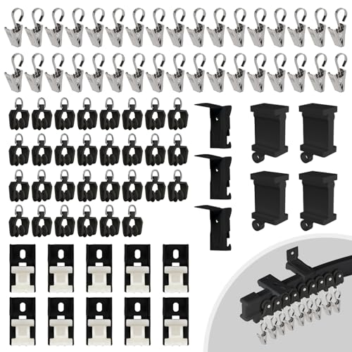 EFUTURETIME 81 Piezas de Accesorios para Riel Cortinas, Rodillos de Riel de Cortina, Tapas de Extremo para Riel, Clips de Gancho para Cortinas, Soportes de Montaje para Rieles de Cortinas, Negro