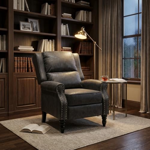 Image of Leather Recliner Chair, Pushback Recliner Chair with Overstuffed Arms Lumbar Support, Mid Modern Pushback Recliners Chair with Adjustable Backrest Footrest for Reading, Living Room, Black