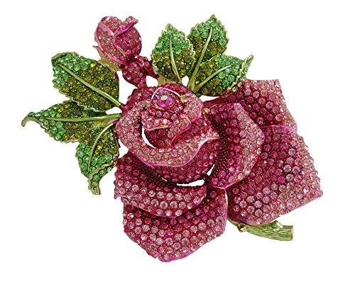 Image of TTjewelry Pink Huge Rose Flower with Green Leaf Pink Bud Austrian Crystal Rhinestone Brooch Pin B20000101