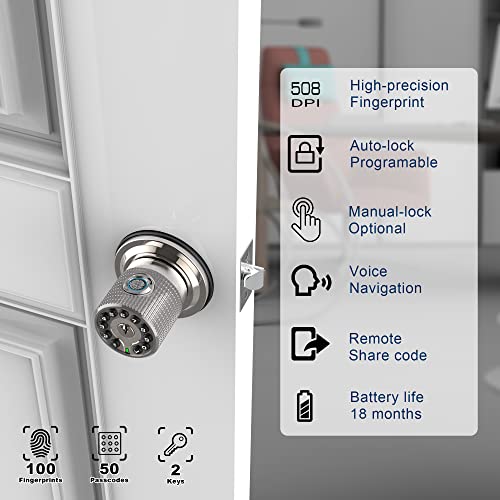 Iuknob Fingerprint Door Knob With Keypad And Key,Smart Biometric Digital Lock With Voice Navigation Programming,Combination Electronic Handle For Interior Doors, Entry,Bedrooms,Garage(Satin Nickel) #TOP2