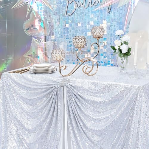 Image of B-COOL Sequin Tablecloth Drape Glitter Fabric Table Overlay Cloths for Birthday Banquet Ceremony Wedding Outdoor Indoor Party Decorations 50x50 Inch Laser Silver