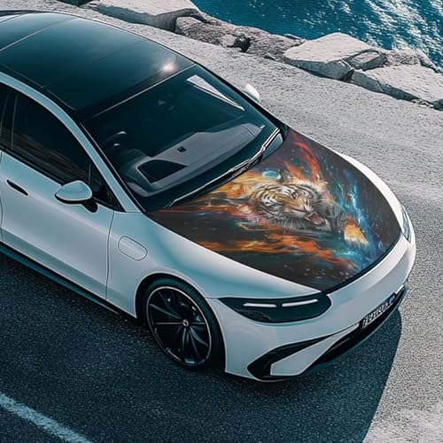 Image of 59x39 Inch Cool Tiger Print Hood Cover for Compact Sedan SUV Trucks Stretchable Car Hood Wrap Blankets Auto Banner Waterproof Auto Exterior Accessories