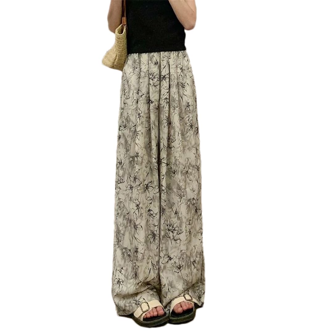 Women Ice Silk Wide Leg Pants Summer High Waist Ink Tie-Dye Pants Lazy Casual Mopping Pants
