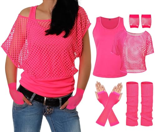 ELFIN 80er 90er Jahre Outfit Damen Netzshirt Tank top Beinwärmer Netzhandschuhe 80er Jahre Netzoberteil Damen Tops Neon Shirt 80er Kostüm Aerobic Kleidung Mottoparty Accessoires Pink XL