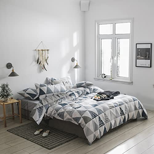 Vclife Queen Cotton Duvet Cover Boho Triangle Duvet Cover Woman Man Soft 3 Pieces Bedding Sets, Modern White Blue Grey Geometric Bedding Collections, 1 Queen Size Duvet Cover And 2 Pillowcases #TOP5