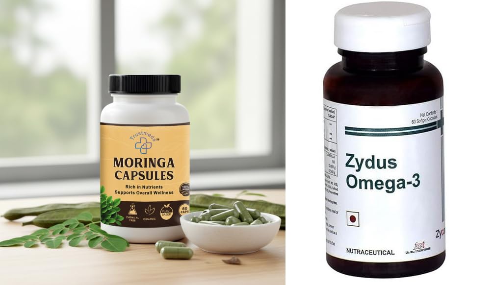 Vitality Combo - Zydus Omega 3 (60 Capsules) + Organic Moringa (60 Capsules) | Heart, Immunity & Daily Superfood Energy | 100% Pure & Lab Tested