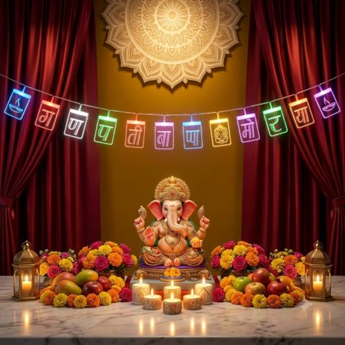 Image of ZALAR Magic Text Light Ganpati Bappa Morya Multi LED String Light with 12LED for Indoor Festive Decoration