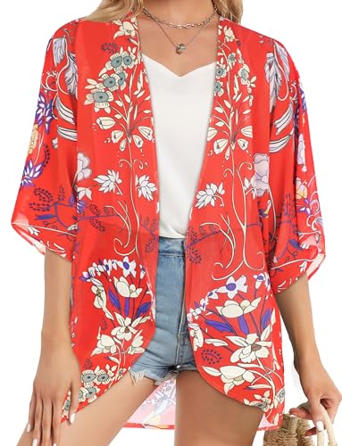 Women's Floral Print Puff Sleeve Kimono Cardigan Loose Cover Up Casual Blouse Tops - Image 4
