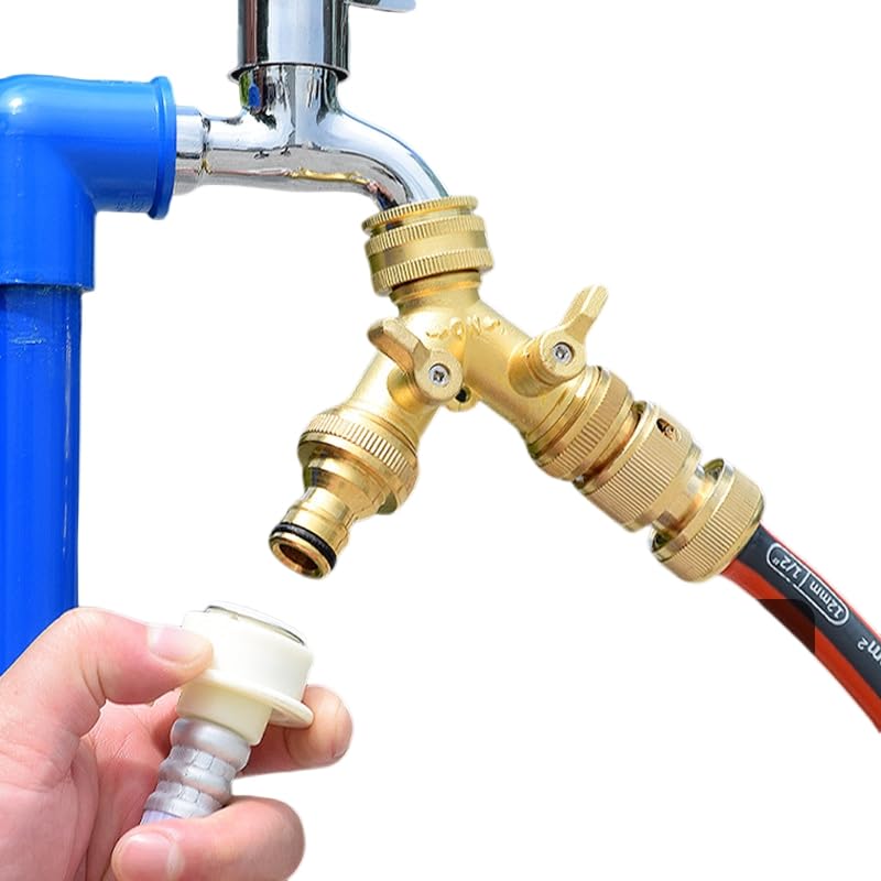 Brass 2 Way Y Valve Tap Connector - Garden Hose Splitter with 2Pcs 3/4" Tap Connector, Gold - Image 3