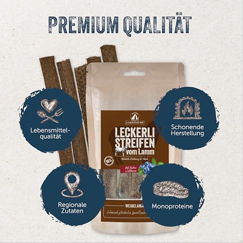 Lakefields Hundeleckerli | Trockenfleischstreifen vom Lamm | 150g | 90% Lammfleisch | Getreidefreie Hunde Snacks mit Kartoffeln & Waldbeeren | Knusprige Belohnung für Zwischendurch | Ohne Zusätze