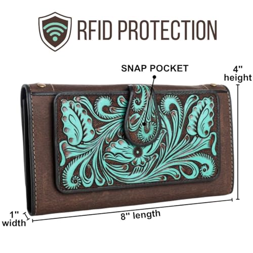 Myra Bag Western Embossed Floral Leather Wallet for Women - Turquoise2