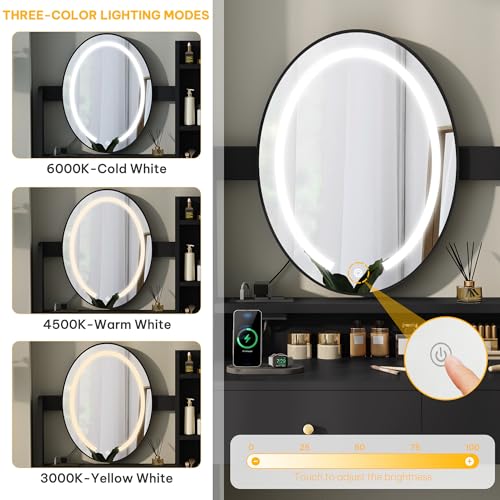DWVO Vanity Desk with Oval Mirror and Lights, Makeup Vanity Table Set with Power Outlets and Chair, 3 Lighting Colors, Makeup Desk with 2 Drawer and Lots Storage Shelves, Bedroom, Black Dressing Table