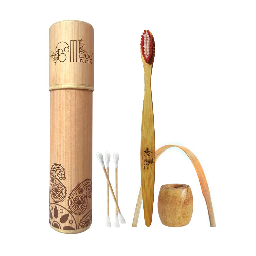 BambooIndia Bamboo Manual Toothbrush With Holder, Tongue Cleaner & EarBud- For kids/Adults - BPA Free Dual Charcoal Soft & Red Bristles - Antibacterial & Biodegradable Handle - Natural & Eco-Friendly (B08XJTFJ5W) Amazon Price History, Amazon Price Tracker