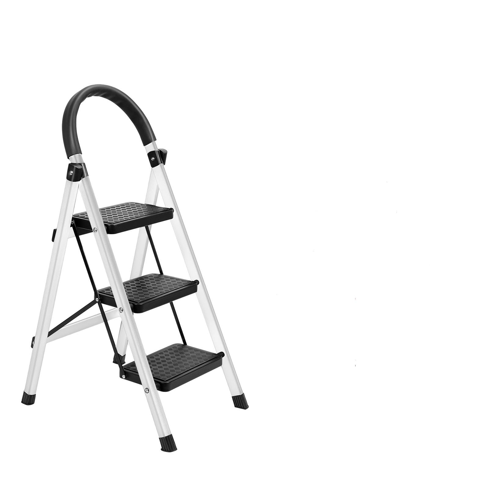 Folding 3 Step Ladder, Durable Steel, Non-Slip Feet and Steps Support 150 KG Capacity, Lightweight, Easy to Store, Ideal for DIY, Decorating, Home Use and RV Outdoor Work (White)