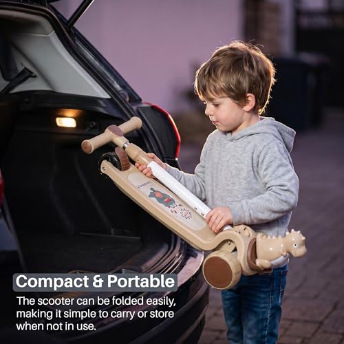 Image of Baybee Dino Blaze Kick Scooter for Kids | 3 Wheel Skate Scooter with RGB LED Wheels & Music | 3 Height Adjustable T-Bar Handle & Rear Brake | Foldable Skate Scooter for Kids 3 to 8 Years (Khaki)