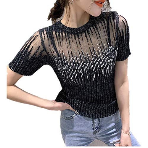 U/A nuevo verano manga corta malla camiseta moda casual caliente taladro mujeres t camisas sexy ahueca hacia fuera la camiseta de las mujeres