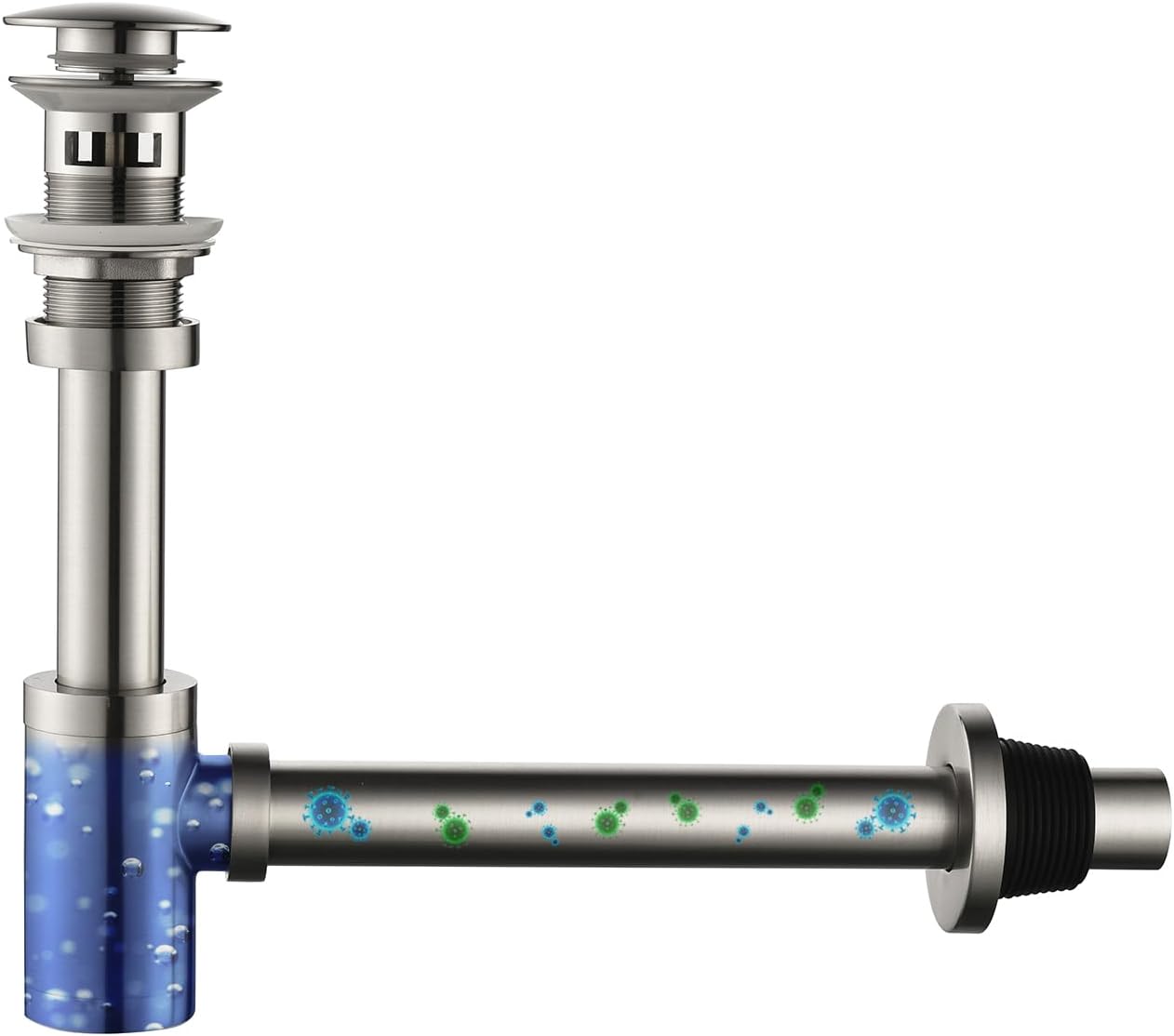 Bathroom Sink Stopper P-Trap Complete Set Adjustable Bottle Trap Solid Brass Sink Drain Kit Tube and Pop Up Drain Stopper Set with Overflow, Brushed Nickel Silver