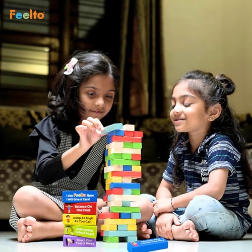Image of Colorful Kids Activity Tower Blocks Wooden Game with Dice - Fun Stacking Blocks with Fitness, Yoga & Activity Challenges - Educational Family Game for Kids & Adults, Party & Group Bonding Toy