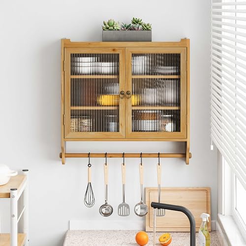 Armoire Murale avec Porte Vitrée de Style Vintage, Meuble Murale avec Trois Niveaux Rangement, Armoire Salle de Bain Suspendue avec Porte-serviettes, pour...