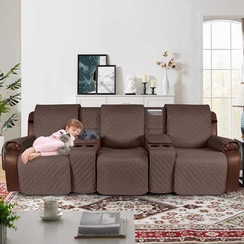 Image of KinCam 100% Waterproof Recliner Sofa Cover with Console, Non-Slip Reclining Couch Covers for 3 Seat, Recliner Couch Cover Furniture Protector with Elastic Straps for Pets, Kids, Brown