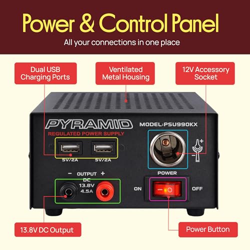 Image of Pyramid 7A Bench Power Supply | AC DC 12V DC Power Supply with USB | 13.8V regulated bench power supply with dual USB ports, cigarette lighter socket, and short-circuit protection