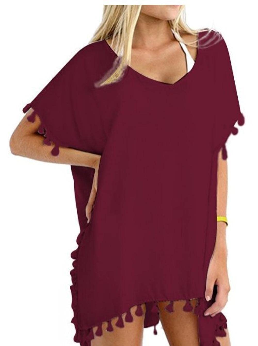 genericChiffon solid color soda beach skirt loose large yogan mask sunscreen shirt female-Red wine_Code