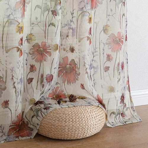 Image of OWENIE Printed Sheer Curtains 108 Inches Extra Long 2 Panels Set, Sheer Floral Curtains Printing Drapes on Sheers for Living Room Bedroom, Rod Pocket Light Filtering Window Sheers 51 inch W x 108 inch L