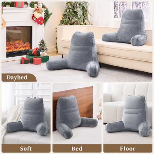 Image of Sasttie Reading Pillow for Bed, Back Pillow for Sitting Up, Dark Grey | 21 inch Backrest Support Cushion for Couch, Sofa, and Floor, Dorm Essentials, OEKO-TEX, Adjustable Down Alternative Fill