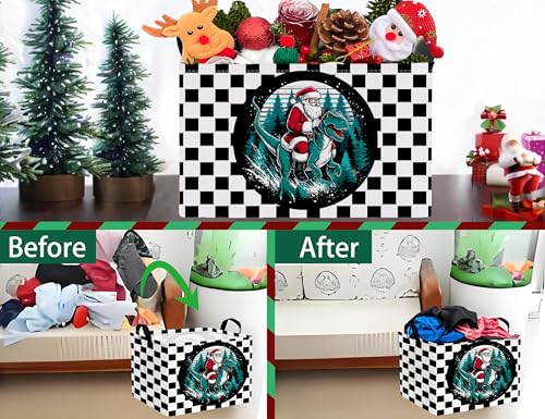 Image of Large Christmas Gifts Empty Baskets Kids Collapsible Holiday Storage Bin with Handle (Dinosaur Santa Claus)