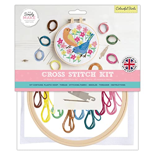 Simply Make Adults Colourful Birds Embroidery Craft Cross-Stitch Kit, Makes A Perfect Present, Creativity, Hobby Enthusiast