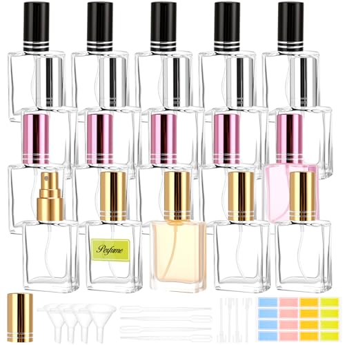 20 Pack 15ml Perfume Bottles Empty Refillable, Multicolor Portable Glass Atomizer Mini Perfume Bottles with Sprayer Droppers and Funnels for Travel,Decants,Cologne DIY