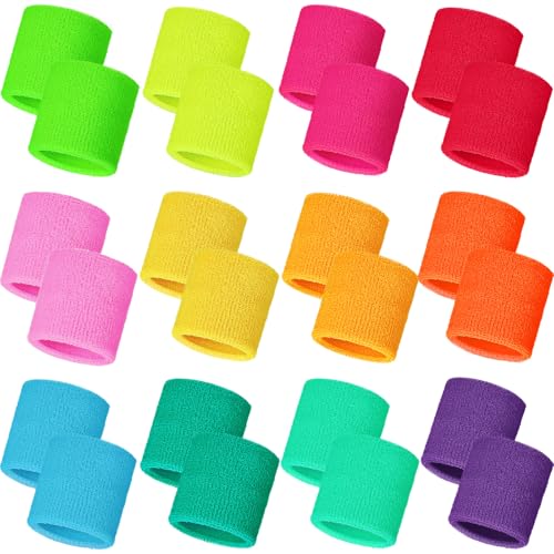 Bememo 24 Pcs Neon Wristbands for Kids End of The Year Student Gifts Bulk Tennis Wrist Sweatbands 80s Neon Youth Basketball Wrist Bands for Boys Girls 90s Glow Party School Supplies(Fresh Colors)