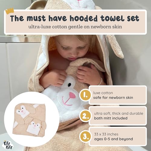 Image of Riff Raff Friendly Bunny Hooded Towel - Premium Cotton Baby Towel with Mitt Set - Ultra Soft Machine Washable Cartoon Hooded Baby Towels - Baby Towels with Hood for Newborn Baby, Infants, Toddlers