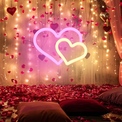 Image of Dual Heart Neon Signs for Wall Decor Led Neon Signs for Bedroom Wall Neon Lights for Home Party Wedding Bachelorette Parties Marriage Proposals Birthday Parties Christmas Decorations